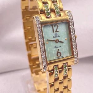 Vintage 1990s Ladies  Crystal Embedded Rectangular Case With Pearl Dial Gold Plated Beads of Rice Bracelet Quartz Wristwatch by ADINA