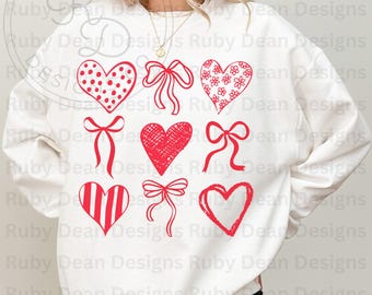 Valentine Doodle Hearts and Coquette Bows Red PNG Digital Download Commercial Use (DF86)