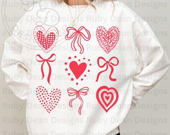 Valentine Coquette Bows and Doodle Hearts Red PNG Digital Download Commercial Use (DF87)