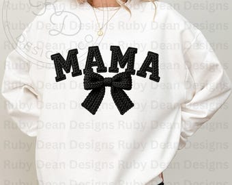 Mama Black Faux Crochet Realistic Texture Cozy Knitted Coquette Bow PNG Digital Download Commercial Use (DF236)