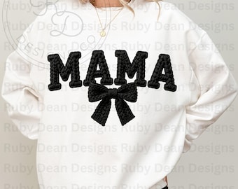Mama Black Faux Crochet Realistic Texture Cozy Knitted Coquette Bow PNG Digital Download Commercial Use (DF238)