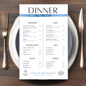 Plantilla de menú de restaurante elegante, menú editable, menú de cafetería, lista de precios, 11 x 17, menú de mariscos, menú de comida