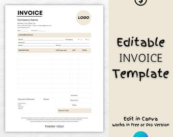 May include: Editable invoice template with a beige background and black text. The template includes sections for customer details, description, cost, quantity, total, payment methods, notes, subtotal, discounts, taxes, and grand total. The template also includes a logo placeholder and a thank you message.
