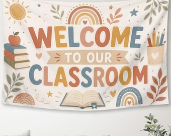 Letrero de bienvenida a nuestra clase, decoración bohemia para el aula, tapiz de regreso a clases, adorno de pared para profesores, decoración escolar con arcoíris neutro