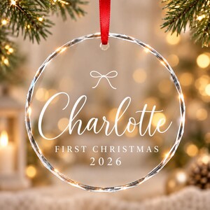 Baby Bow Christmas Ornament, Personalized Name and Year in Elegant White Script