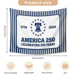 May include: A patriotic tapestry with a blue and white striped border. The central design features the Liberty Bell, stars, and the text "AMERICA 250 CELEBRATING 250 YEARS" with the years 1776 and 2026. The tapestry measures 90 inches wide and 70 inches high.