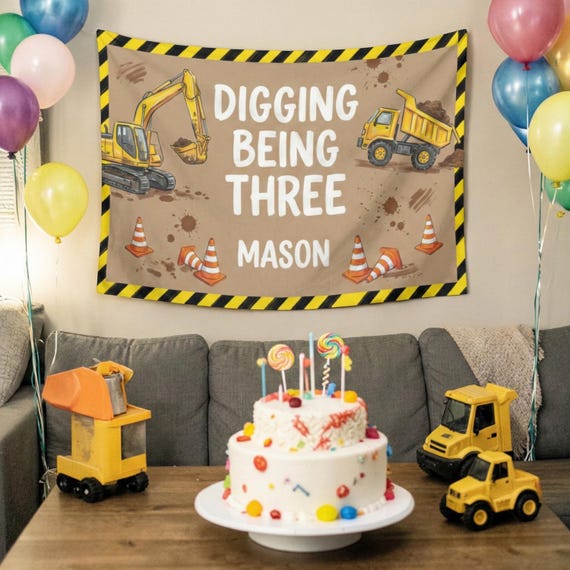 Construction Birthday Tapestry, Excavator Dump Truck Banner, Boy Three Custom Decor