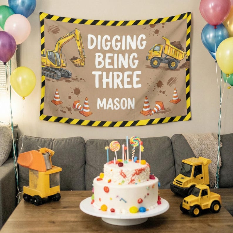✨ Build the perfect birthday celebration for your little guy! ✨

Make his milestone a smashing success with this personalized construction-themed birthday banner 🚧🚜
Featuring a cool yellow excavator, a hardworking dump truck, traffic cones, and playful dirt splatters, this fabric tapestry creates an exciting and adventurous atmosphere for his special day.