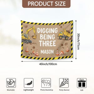 Tapiz de cumpleaños de construcción, pancarta de camión volquete con excavadora, decoración personalizada para niños de tres años imagen 8