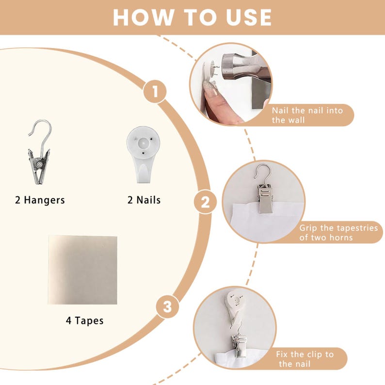May include: Diagram illustrating how to use hanging accessories. The image shows two hangers, two nails, and four tapes. Step 1 shows a nail being hammered into a wall. Step 2 shows a hanger gripping fabric. Step 3 shows the clip fixed to the nail.
