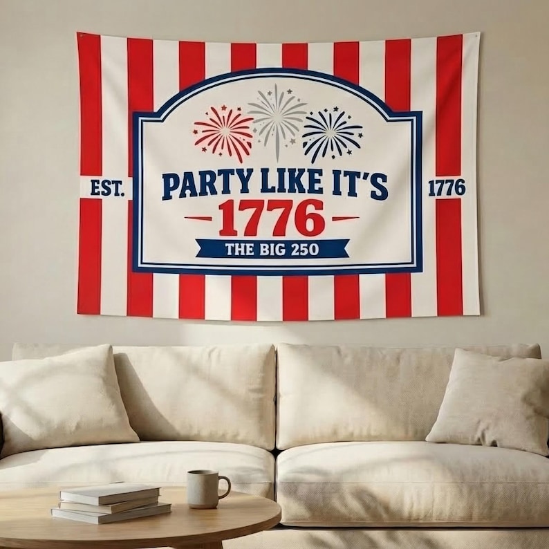Celebrate America’s 250th Anniversary (1776–2026) in style with our “Party Like It’s 1776 - The Big 250” Tapestry! Perfect for 4th of July, patriotic parties, and summer gatherings, this bold and festive banner features red and white stripes, fireworks, and the declaration: “PARTY LIKE IT’S 1776 - THE BIG 250.” “EST. 1776” details add historical pride to your decor. Hang it in your home, backyard, or party space for an unforgettable patriotic celebration!