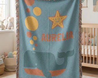 Personalized Whale Woven Blanket, Custom Name Baby Blanket, Ocean Nursery Decor, Nautical Kids Throw, Starfish Gift for Girl or Boy Tapestry