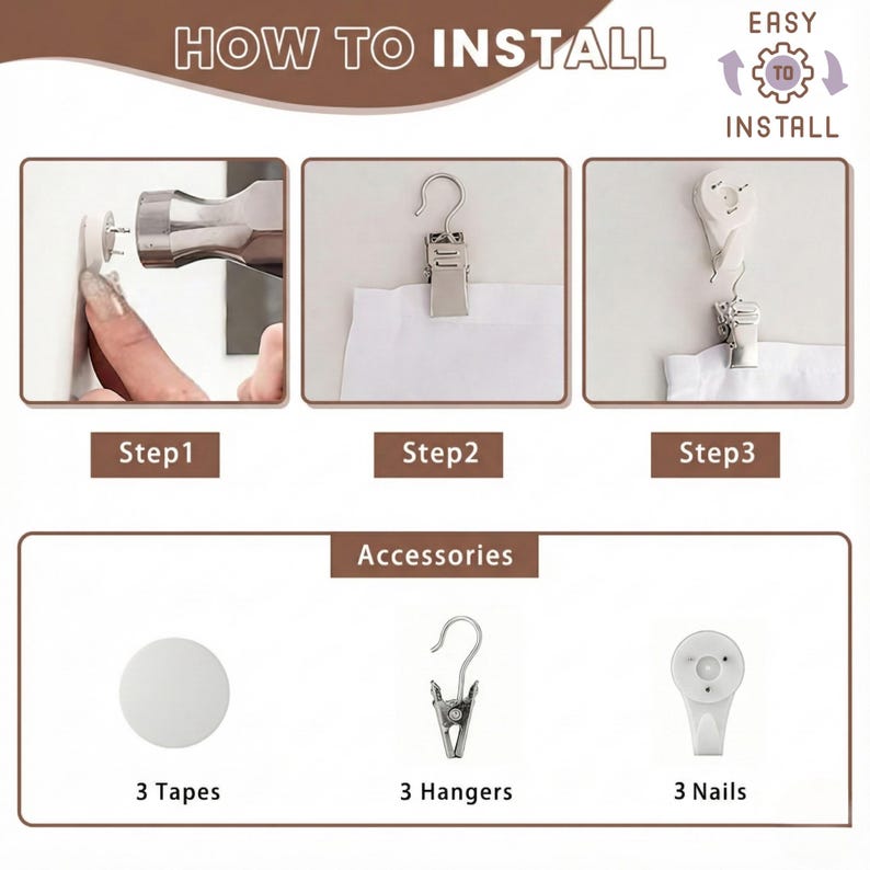 Puede incluir: Un gr&aacute;fico instructivo muestra c&oacute;mo instalar un producto. Los pasos se ilustran con un martillo, una pinza y un gancho. Los accesorios incluyen cintas, perchas y clavos. El texto dice "HOW TO INSTALL" y "EASY TO INSTALL".