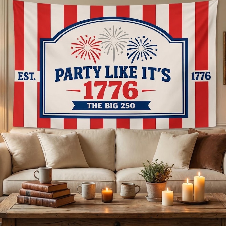 Celebrate America’s 250th Anniversary (1776–2026) in style with our “Party Like It’s 1776 - The Big 250” Tapestry! Perfect for 4th of July, patriotic parties, and summer gatherings, this bold and festive banner features red and white stripes, fireworks, and the declaration: “PARTY LIKE IT’S 1776 - THE BIG 250.” “EST. 1776” details add historical pride to your decor. Hang it in your home, backyard, or party space for an unforgettable patriotic celebration!