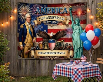 America 250th Anniversary Banner Tapestry Personalized – George Washington Liberty Eagle Family Name Backdrop