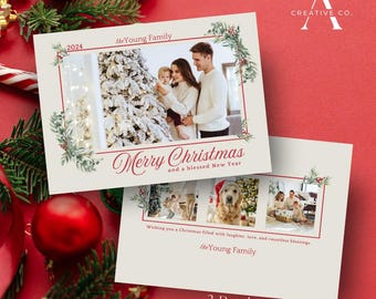May include: Christmas cards with family photos. The front card has a family photo with the text "Merry Christmas and a blessed New Year". The back of the card has three photo options and the text "3 Back Options".