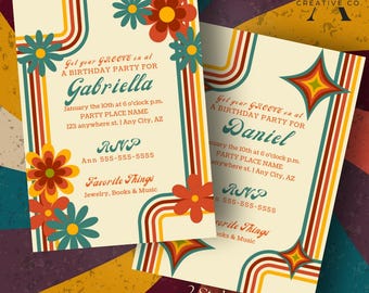 May include: Two retro-style birthday party invitations with colorful stripes and flowers. The first invitation is for Gabriella and the second is for Daniel. Both invitations include the date, time, and RSVP information.