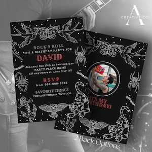 Invitation foncée modifiable de partie de roche de | faire-part d'anniversaire vintage à l'encre | Modèle de fête rock 'n roll | Invitation à une fête de tatouage imprimable