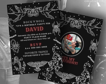 Editable Dark Tattoo Rock Party Invitation | Vintage Ink Birthday Invite | Rock ‘n Roll Party Template | Printable Tattoo Bash Invite