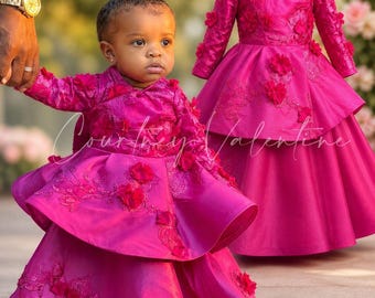 Custom Fuchsia Floral Layered Dress – Couture Taffeta Gown for Princesses