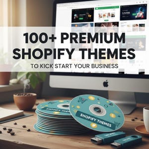 Puede incluir: Una pila de CD de Shopify Themes de color turquesa y dos unidades USB están sobre un escritorio de madera. El texto "100+ PREMIUM SHOPIFY THEMES TO KICK START YOUR BUSINESS" se muestra en una pantalla de ordenador. También se ven una taza de café y una planta.