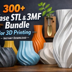 May include: A collection of 3D-printed vases in various colors and designs. The image features a white, spiraled vase prominently, alongside others in orange, blue, green, and gray. Text reads "300+ Vase STL & 3MF Bundle for 3D Printing - INSTANT DOWNLOAD".