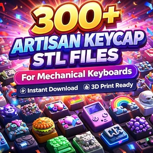 May include: A colourful image displaying artisan keycaps for mechanical keyboards. The keycaps have diverse designs, such as a rainbow, a skull, and a burger. Text on the image reads "300+ Artisan Keycap STL Files For Mechanical Keyboards".