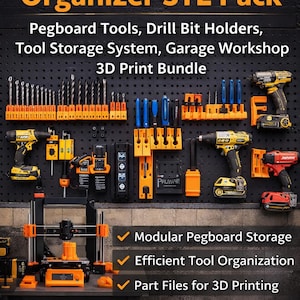 Pode incluir: Um pacote STL de organizador de oficina laranja e preto com o texto "Ultimate Workshop Organizer STL Pack". A imagem mostra ferramentas de painel perfurado, suportes de broca e um pacote de impressão 3D. Inclui armazenamento modular de painel perfurado e organização eficiente de ferramentas.