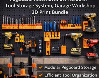May include: An orange and black workshop organizer STL pack with text that reads "Ultimate Workshop Organizer STL Pack". The image shows pegboard tools, drill bit holders, and a 3D print bundle. Includes modular pegboard storage and efficient tool organization.