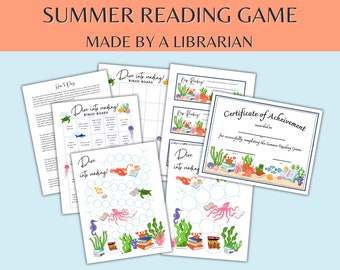 Puede incluir: Un juego de lectura de verano imprimible para niños con temática náutica. El juego incluye un tablero de bingo, un certificado de logro y un tablero de juego "sumérgete en la lectura". El juego presenta una variedad de criaturas marinas, incluyendo caballitos de mar, medusas y un pulpo.