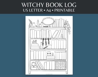 Witchy Book Log Magic Fantasy Bookshelf Tracker Printable Reading Log Bookcase Grimoire Reading List Book of Shadows Booklist Coloring Page