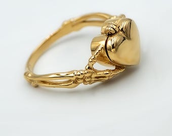 Skeleton Hands Heart Ring – Sterling Silver or 24k Gold Vermeil, Custom Engraving Available