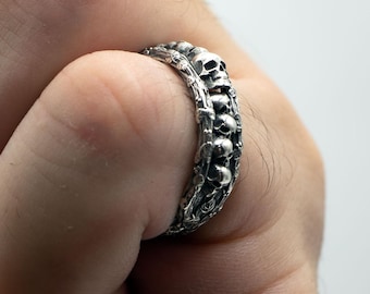 Gothic Skull Band Ring – 925 Sterling Silver Skeleton Ring – flip Gothic Jewelry – Unisex Alternative Style Statement Ring , bump ring