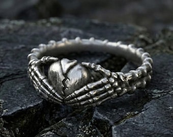 Handcrafted Broken Heart Ring in Sterling Silver: Skeleton Hands Gothic Jewelry