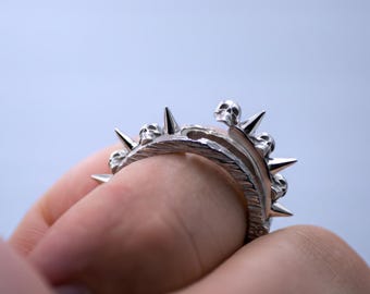 Skull & spike ring, sterling silver flip ring