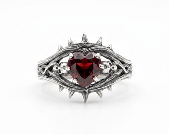 Gothic Heart Garnet Ring, Sterling Silver Skulls Crown Thorns, Dark Romantic Jewelry