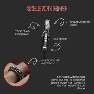 Op de afbeelding: Een sterling zilveren skeletring met een schedelontwerp. De ring heeft een innovatief flip-top ontwerp en benadrukt zelfexpressie. De tekst zegt "SKELETON RING" en "made of 925 sterling silver".