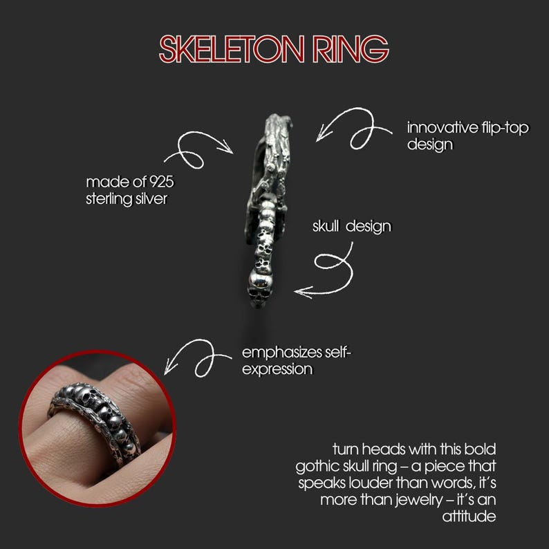 Op de afbeelding: Een sterling zilveren skeletring met een schedelontwerp. De ring heeft een innovatief flip-top ontwerp en benadrukt zelfexpressie. De tekst zegt "SKELETON RING" en "made of 925 sterling silver".