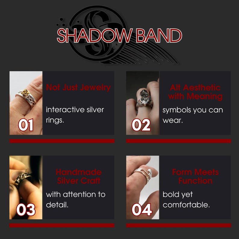 Op de afbeelding: Afbeelding met vier zilveren ringen met unieke ontwerpen, waaronder een roos, een schedel en ingewikkelde patronen. De tekst "SHADOW BAND" staat bovenaan, met beschrijvingen als "interactieve zilveren ringen" en "gedurfd maar comfortabel."