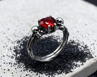 Silver Gothic Skull and Heart Ring: Futuristic and Edgy Functional Jewelry