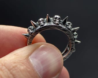 Gothic Skull & Spike Ring — Handcrafted Sterling Silver Jewelry , flip ring , bump ring