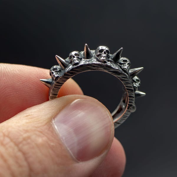 Gothic Skull & Spike Ring — Handcrafted Sterling Silver Jewelry , flip ring