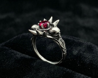 Gothic Silver Skull Ring: Spiked Punk Ring with Stone, Protective Statement Band