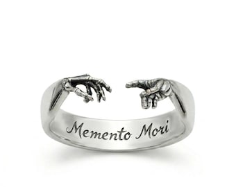 Memento Mori Sterling Silver Ring, Skeleton Hand Gothic Band, Renaissance Memorial Jewelry