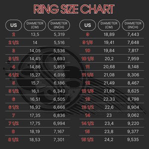 Op de afbeelding: Ringmatentabel met Amerikaanse maten, centimeter- en inchmaten. Bevat maten van 2 tot 15 1/2, met bijbehorende diameters in cm en inches. Handig voor het vinden van de juiste ringmaat.