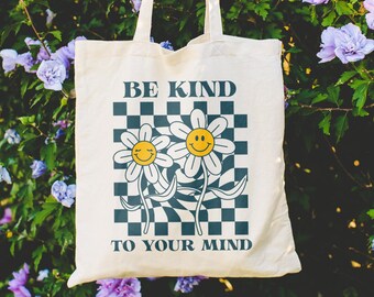 Retro draagtas geestelijke gezondheid Be Kind to Your Mind draagtas geestelijke gezondheid Y2K-draagtas Dames Positieve citaten Mental Health Awareness draagtas