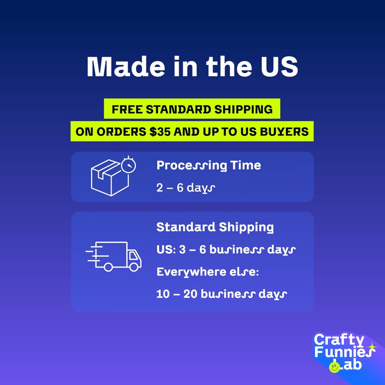 May include: A blue and yellow graphic with the text "Made in the US" and information about free standard shipping on orders over $35 for US buyers. The graphic also includes processing time and standard shipping times for US and international orders.