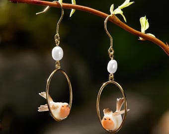 Handmade Enamel Robin Earrings Dangle:  Hypoallergenic, Lightweight, Sterling Silver Handmade Animal Jewelry
