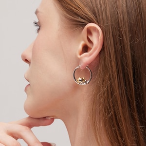 Puede incluir: Pendientes de aro plateados con un pequeño dije dorado y plateado. Los pendientes son redondos y tienen un diseño sencillo. El dije parece ser un pequeño animal o figura. Los pendientes se llevan en la oreja.