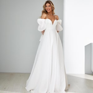 White wedding dress, A line wedding dress, Wedding dress puff sleeve, Modest wedding dress, Casual wedding dress, Tulle wedding dress